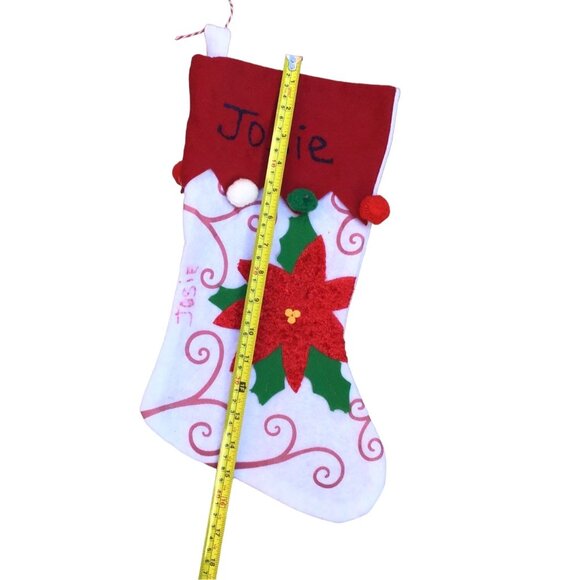 RED/WHITE POINSETTIA CHRISTMAS STOCKING "JOSIE" EMBELLISHED ON TOP SIZE-16" - Picture 2 of 4